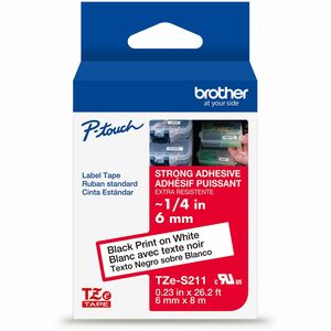 Brother Genuine P-touch TZeS211 BK on WHT Label Tape, Strong Adhesive Lam., 6mmX8m Brother Genuine P-touch TZeS211 BK on WHT Label Tape, Strong Adhesive Lam., 6mmX8m